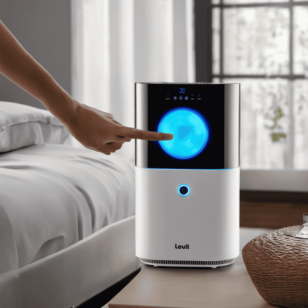 An image capturing a hand reaching towards the Levoit Air Purifier's control panel