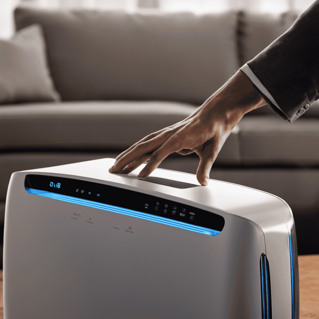 An image showcasing a hand reaching toward a sleek Shark Air Purifier, with the device's power button prominently highlighted, ready to be pressed