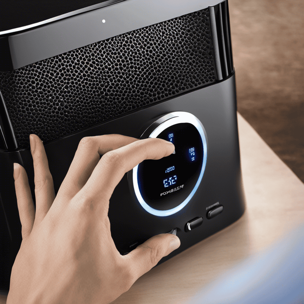 An image showcasing a close-up shot of a hand gracefully gripping the Powerlead Air Purifier's control panel, fingers confidently pressing the clearly labeled buttons in a step-by-step unlocking motion