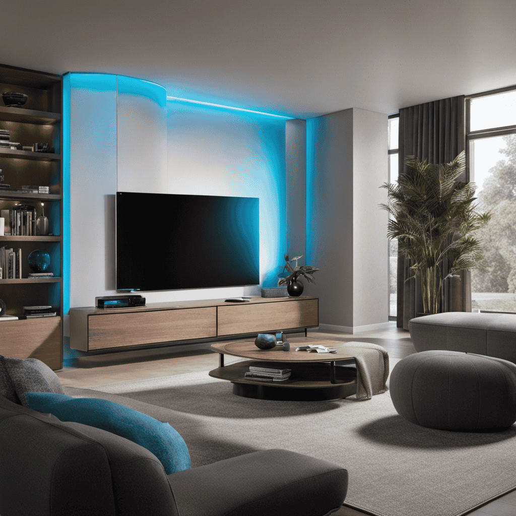 An image that showcases a well-lit living room with an air purifier placed strategically in a corner, capturing the device's sleek design, while emitting a soft blue light and purifying the surrounding air