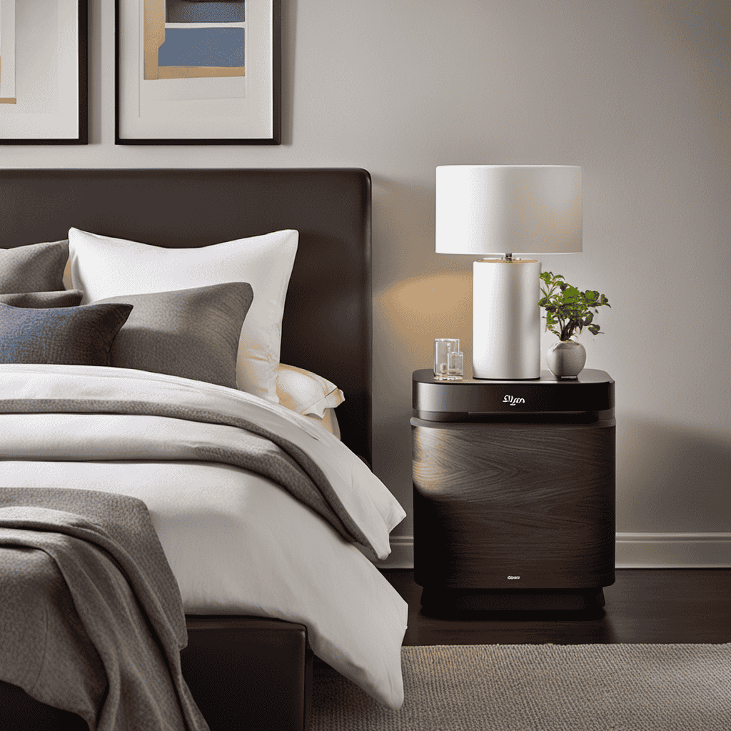 An image showcasing a serene bedroom environment with a Dyson Air Purifier placed on a sleek nightstand