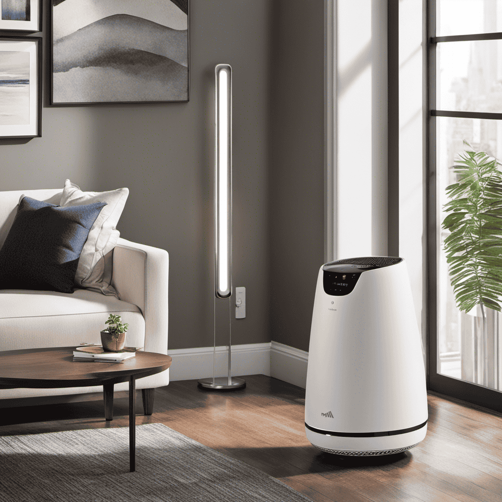 An image showcasing a well-lit room with a Hepa air purifier placed in the corner