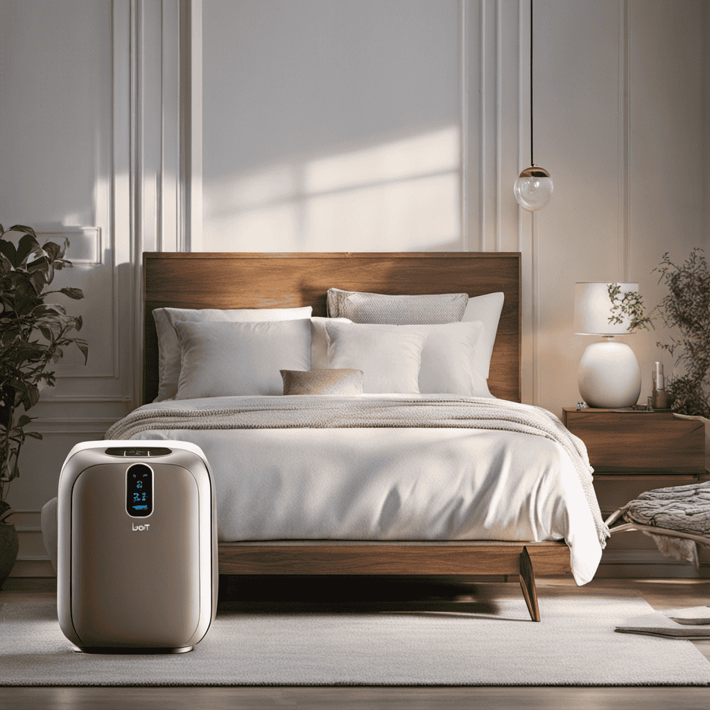 An image showcasing a serene bedroom environment with a Levoit Air Purifier placed on a bedside table