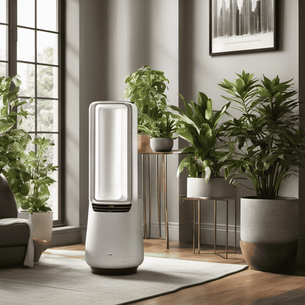An image showcasing a well-lit room with a stand-alone air purifier placed strategically near a window, surrounded by fresh potted plants, as it effectively filters and circulates clean air throughout the space