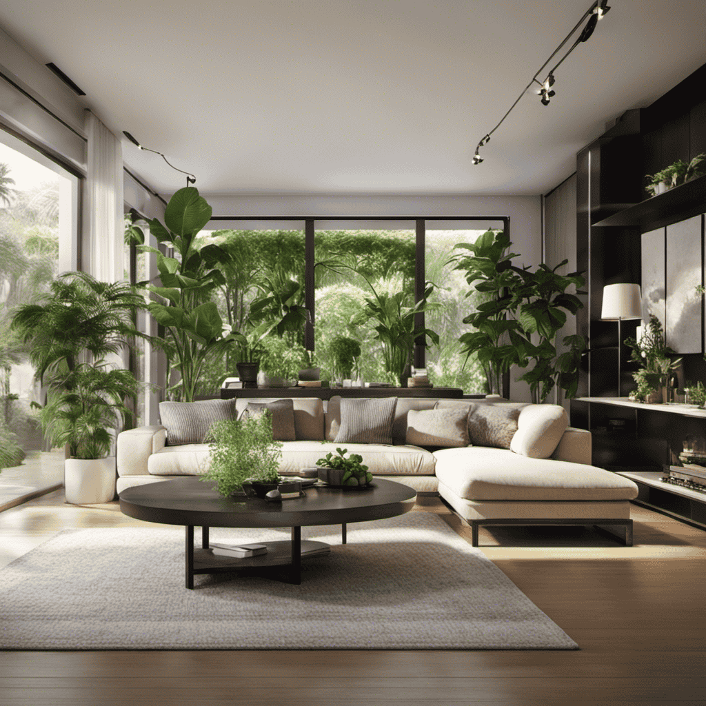An image showcasing a serene living room, with sunlight streaming through open windows