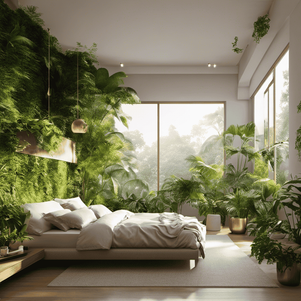 An image showcasing a serene bedroom with an air purifier placed strategically near a window, capturing the golden rays of sunlight illuminating the purified air, surrounded by lush green plants