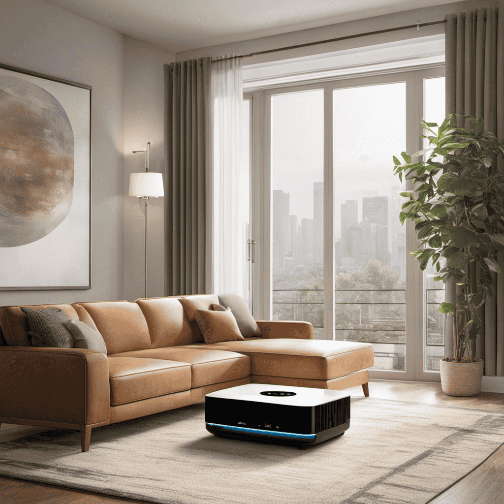 An image showcasing a well-lit living room with an air purifier prominently placed near a window