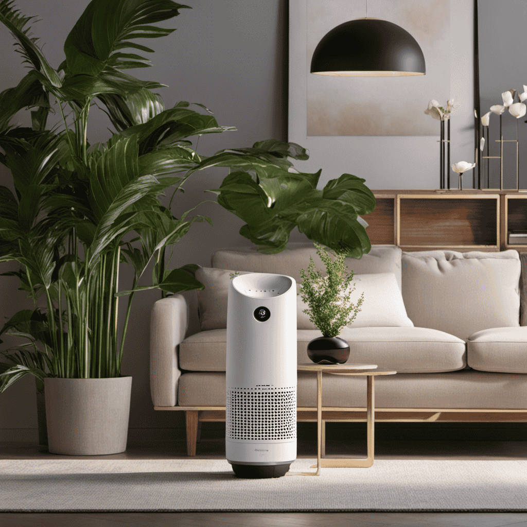 An image showcasing a cozy living room with an air purifier humidifier placed near a large plant