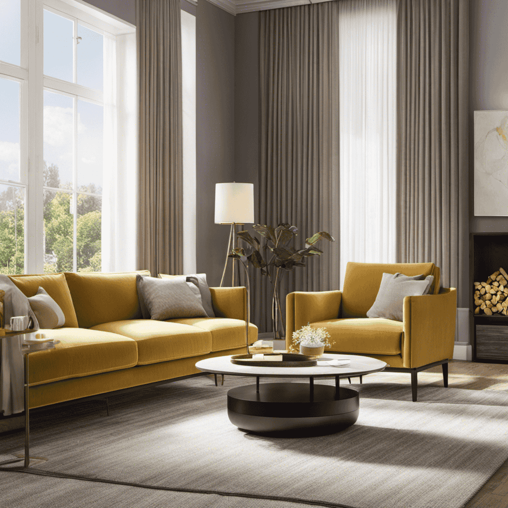 An image showcasing a tranquil living room, with rays of sunshine streaming through the curtains, as a sleek air purifier quietly operates in the corner, purifying the air and creating a serene atmosphere