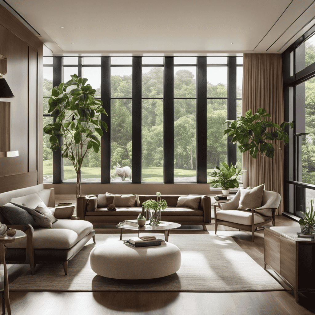 An image showcasing a serene living room with natural sunlight filtering through open windows, while an Alen Air Purifier quietly and efficiently eliminates airborne contaminants, ensuring a clean and fresh environment