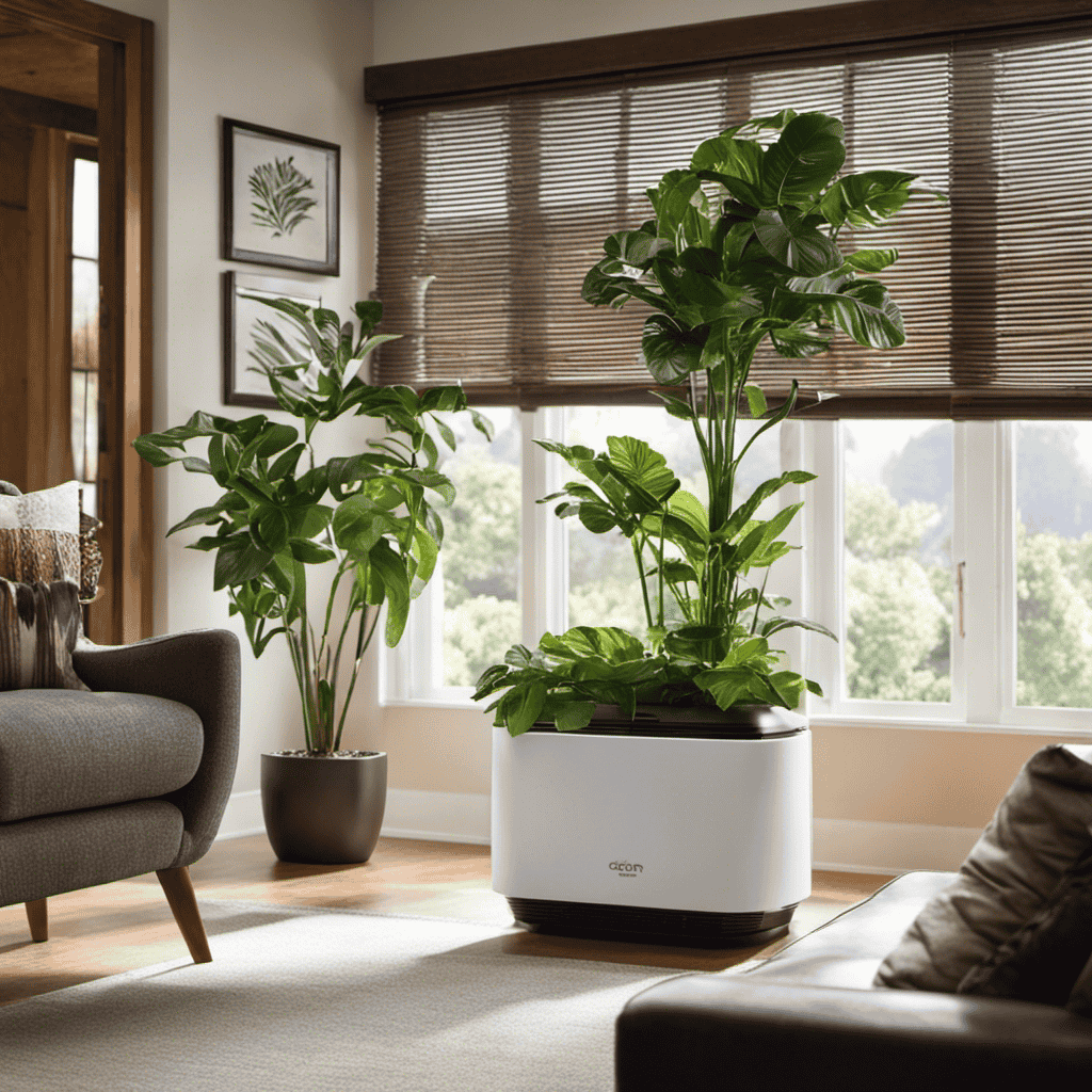 An image that showcases a well-lit living room, with an Eden Pure air purifier placed strategically near a window