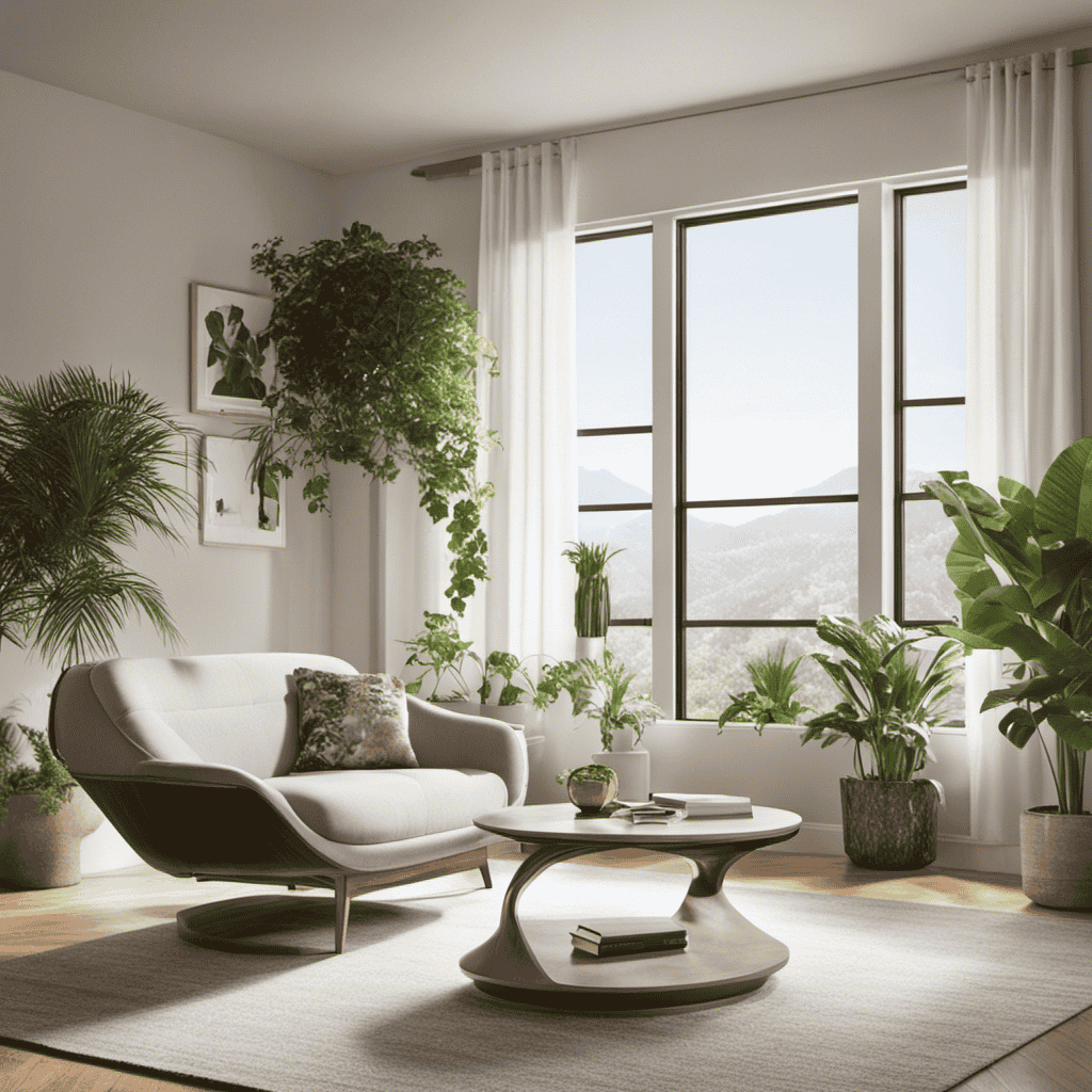An image that showcases a well-lit living room with an indoor air purifier placed strategically near a window, capturing the device actively eliminating airborne pollutants, while houseplants thrive nearby