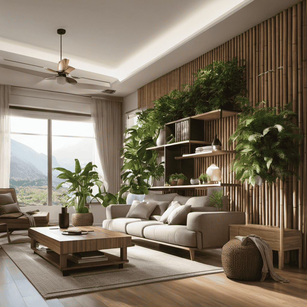 An image showcasing a serene living room with sunlight streaming through the windows