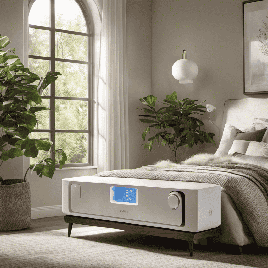 An image showcasing a serene bedroom with sunlight streaming through clean windows, where a Bionaire Air Purifier sits in the corner, quietly filtering out dust particles, leaving the air fresh and pure