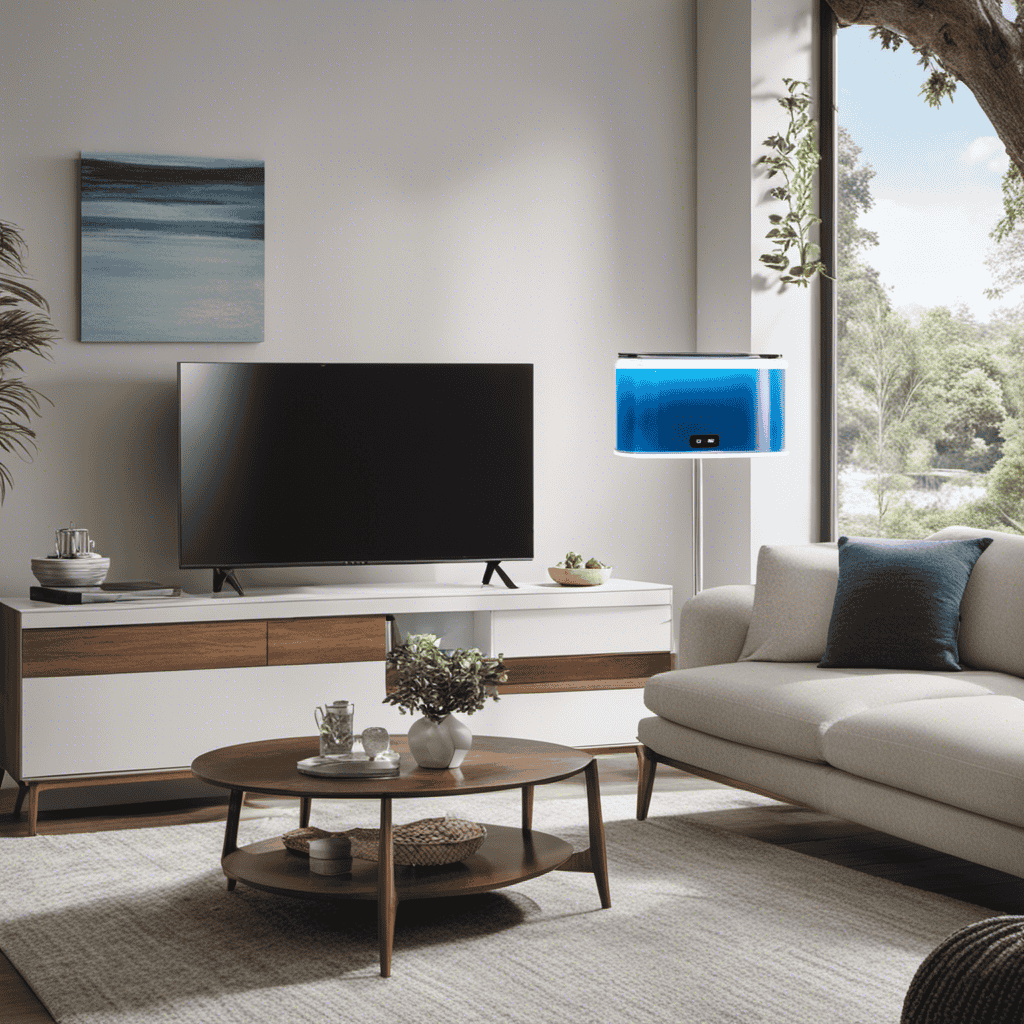 An image featuring a well-lit living room with a Blue Air Purifier placed prominently on a side table, surrounded by clean, fresh air