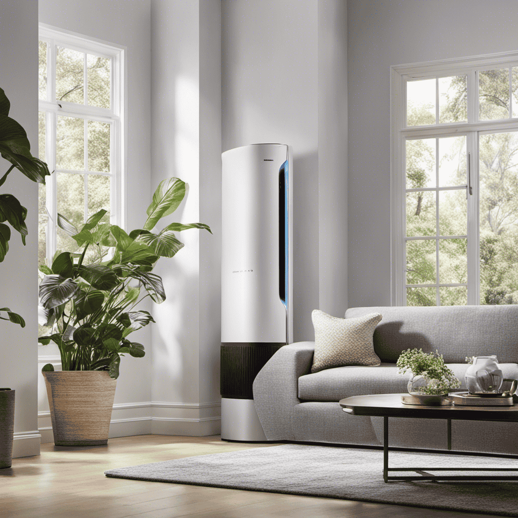 An image showcasing a serene living room: a Blueair Air Purifier quietly nestled in a corner, elegantly purifying the air