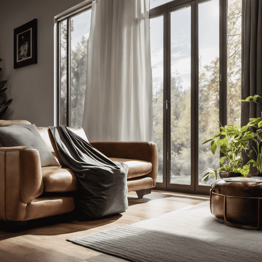An image that showcases a living room with a charcoal air purifier bag discreetly placed near a window