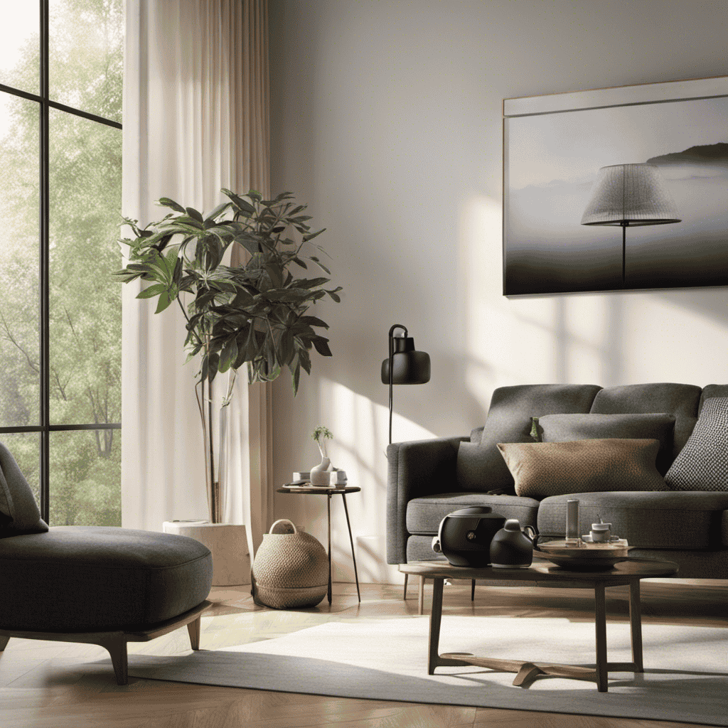 An image showcasing a serene living room with a charcoal air purifier bag discreetly placed on a shelf, effortlessly absorbing pollutants