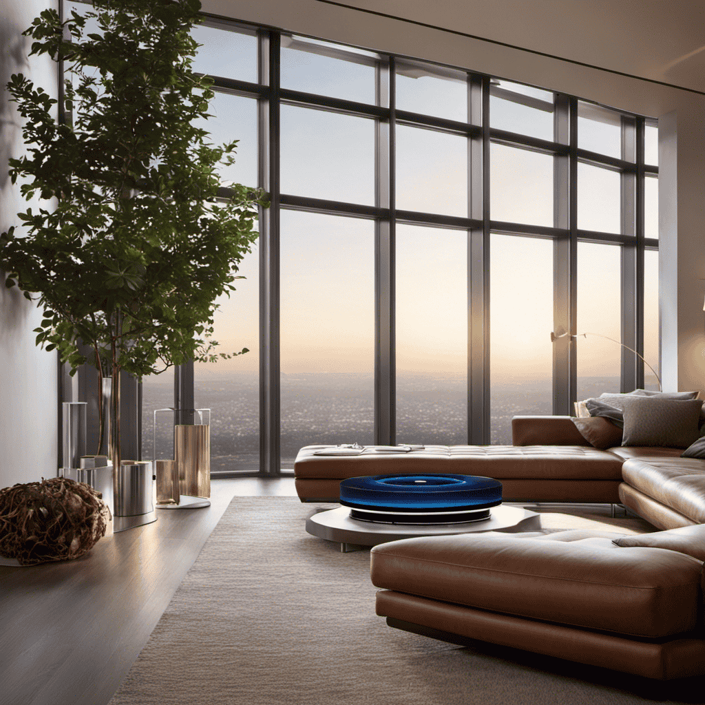 An image showcasing a well-lit living room with a Dyson Link Air Purifier placed elegantly near a window, capturing the device's sleek design and its ability to purify the air, while creating a comfortable and serene environment