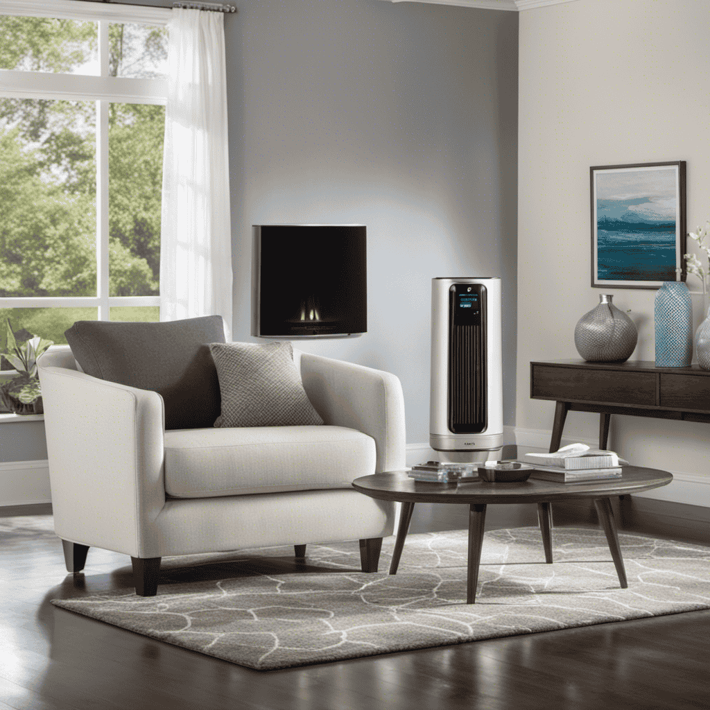 An image showcasing a serene living room with a Germguardian Air Purifier placed strategically, capturing the device's sleek design, UV-C light, True HEPA filter, and activated carbon filter, promoting cleaner and fresher air
