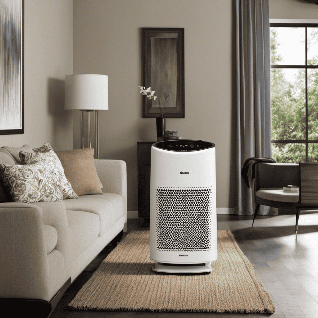 An image showcasing the Holmes HAP9423 Hepa Type Air Purifier in a beautifully decorated living room