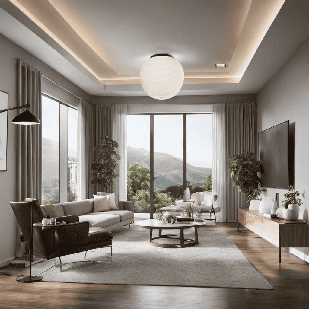 An image showcasing a spacious living room with Honeywell 50250-S True HEPA Air Purifier placed in the center, surrounded by clean and fresh air