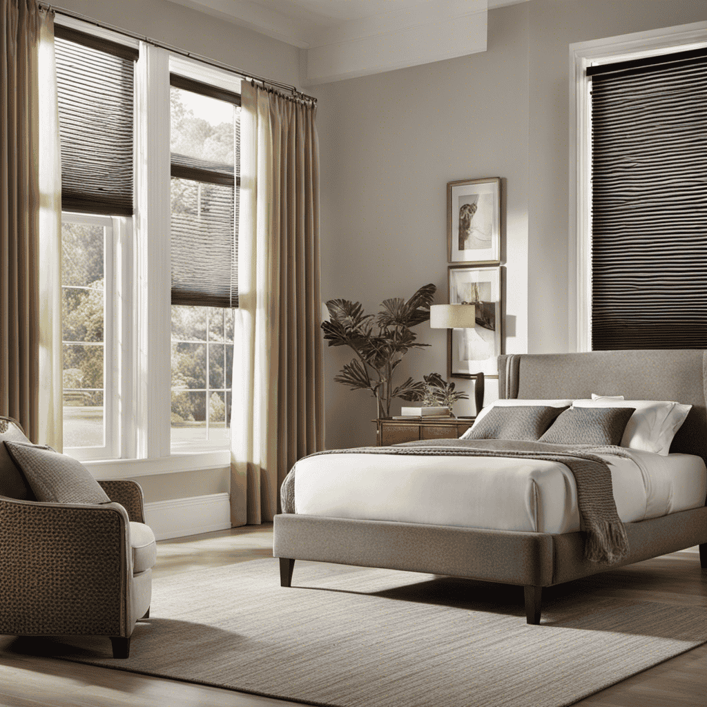 An image showcasing a serene bedroom with a Honeywell Air Purifier quietly eliminating dust particles from the air, while soft, natural light gently filters in through sheer curtains