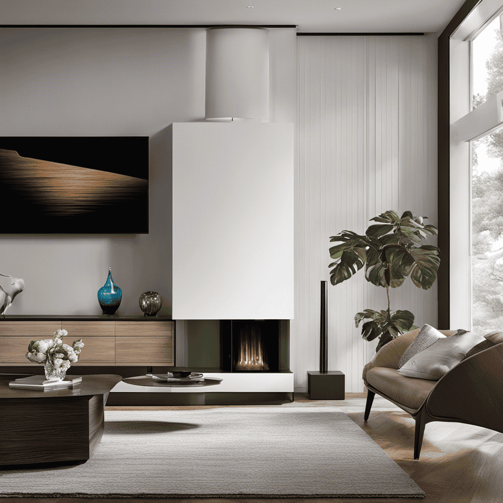 An image showcasing a living room with a Hunter Air Purifier placed strategically in the corner, capturing the device's sleek design, intuitive controls, and its ability to purify the air by removing dust, allergens, and odors