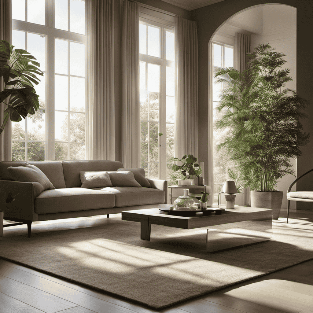 An image showcasing a serene living room scene with sunlight streaming through clean windows