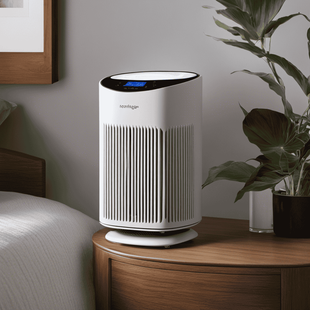 An image showcasing a serene bedroom environment with an Ionic Air Purifier placed on a nightstand