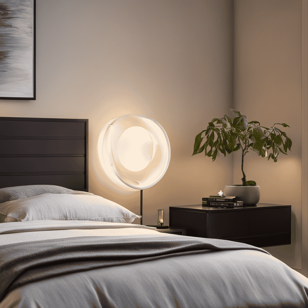 An image showcasing a serene bedroom with an Ionic Breeze Air Purifier placed on a bedside table