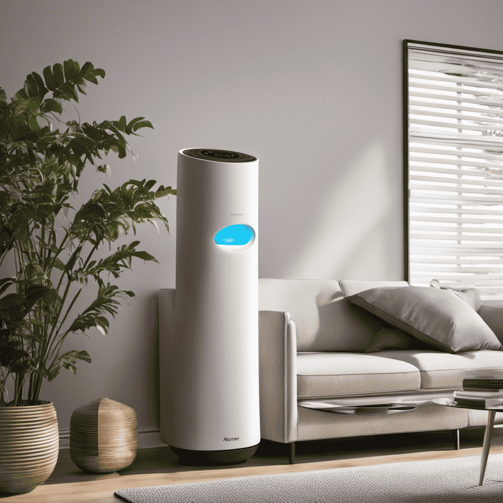 An image showcasing an ionizer air purifier in a well-lit room, with a clear focus on its sleek design and compact size