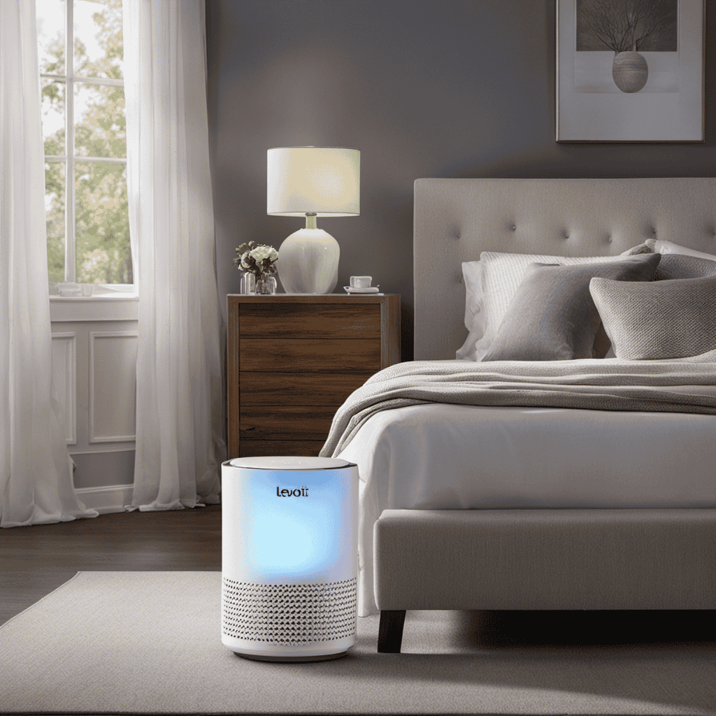 An image showcasing a person peacefully sleeping in a bedroom with the Levoit Air Purifier by their side, surrounded by purified air, illuminated by soft ambient lighting, and immersed in a serene atmosphere