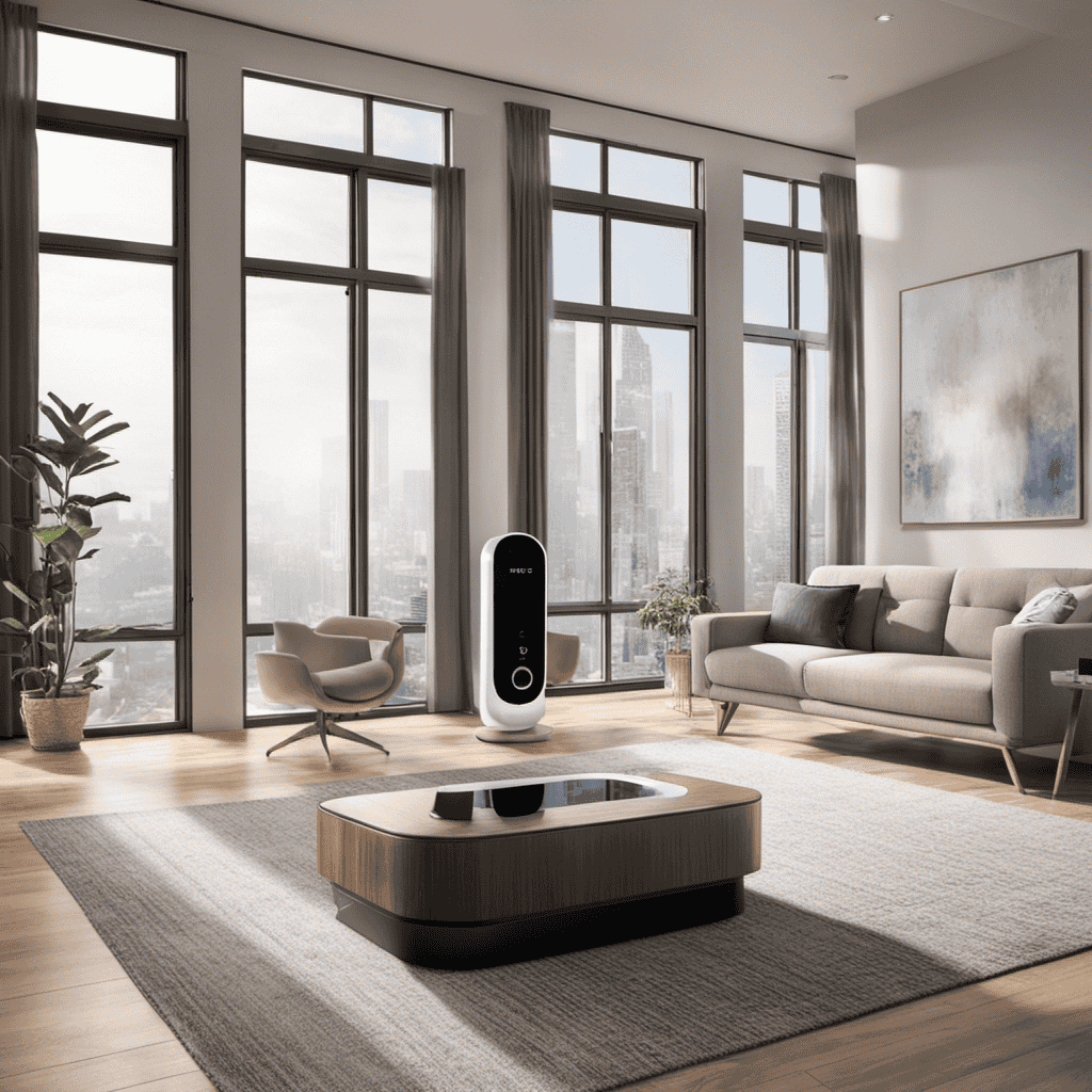 An image showcasing a spacious living room with the Levoit Smart Wifi Air Purifier placed near a large window
