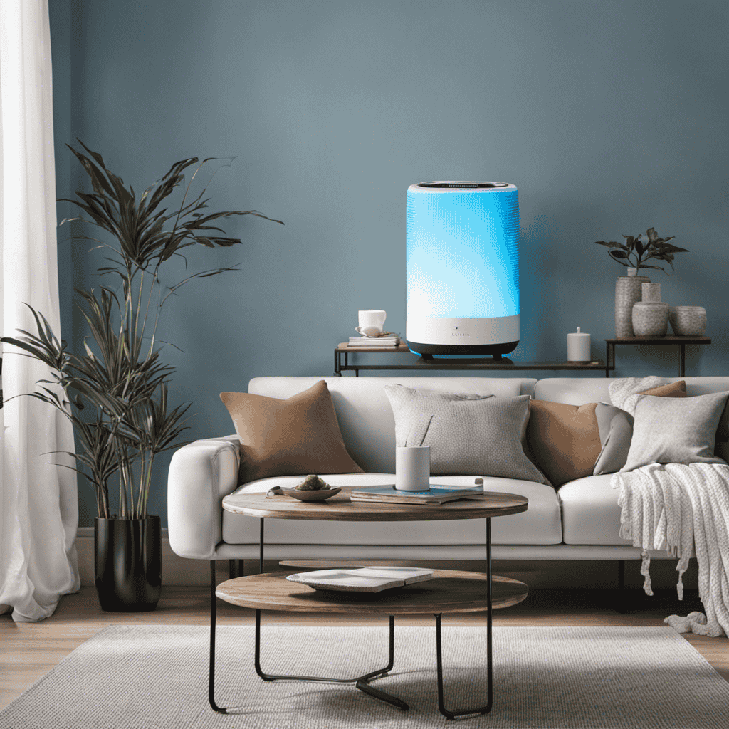 An image showcasing a serene living room with the Medify Air Purifier placed strategically on a side table