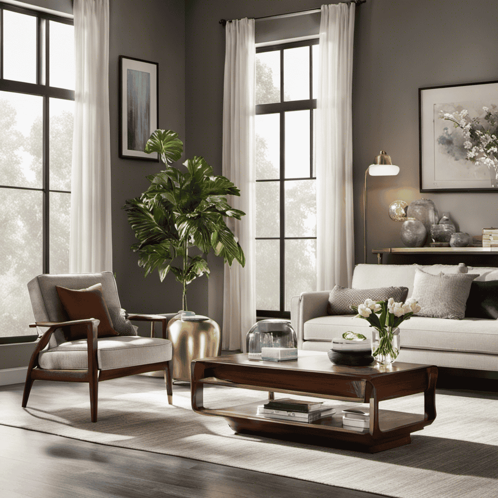 An image showcasing a serene living room with a Purello Air Purifier placed on a sleek side table