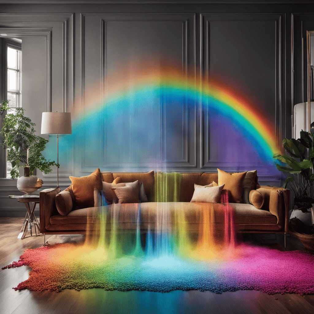 An image showcasing a Rainbow Vac placed in a living room, emitting a vibrant rainbow-colored stream of purified air, surrounded by dust particles being sucked into its powerful suction, leaving the room fresh and clean