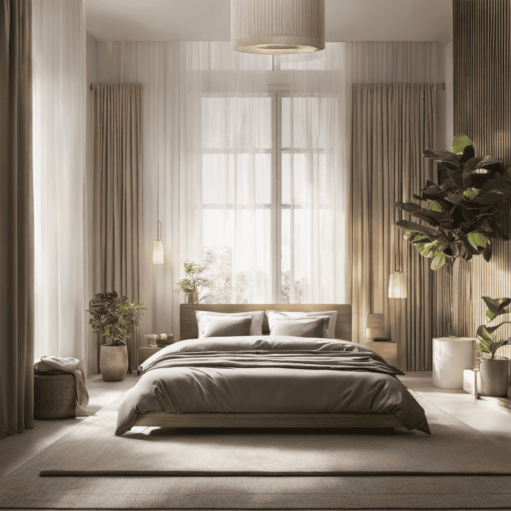An image showcasing a serene bedroom setting with sunlight streaming through an open window, highlighting the Nature Fresh Air Purifier Bag hanging effortlessly, while capturing the bag's ability to naturally cleanse and refresh the air