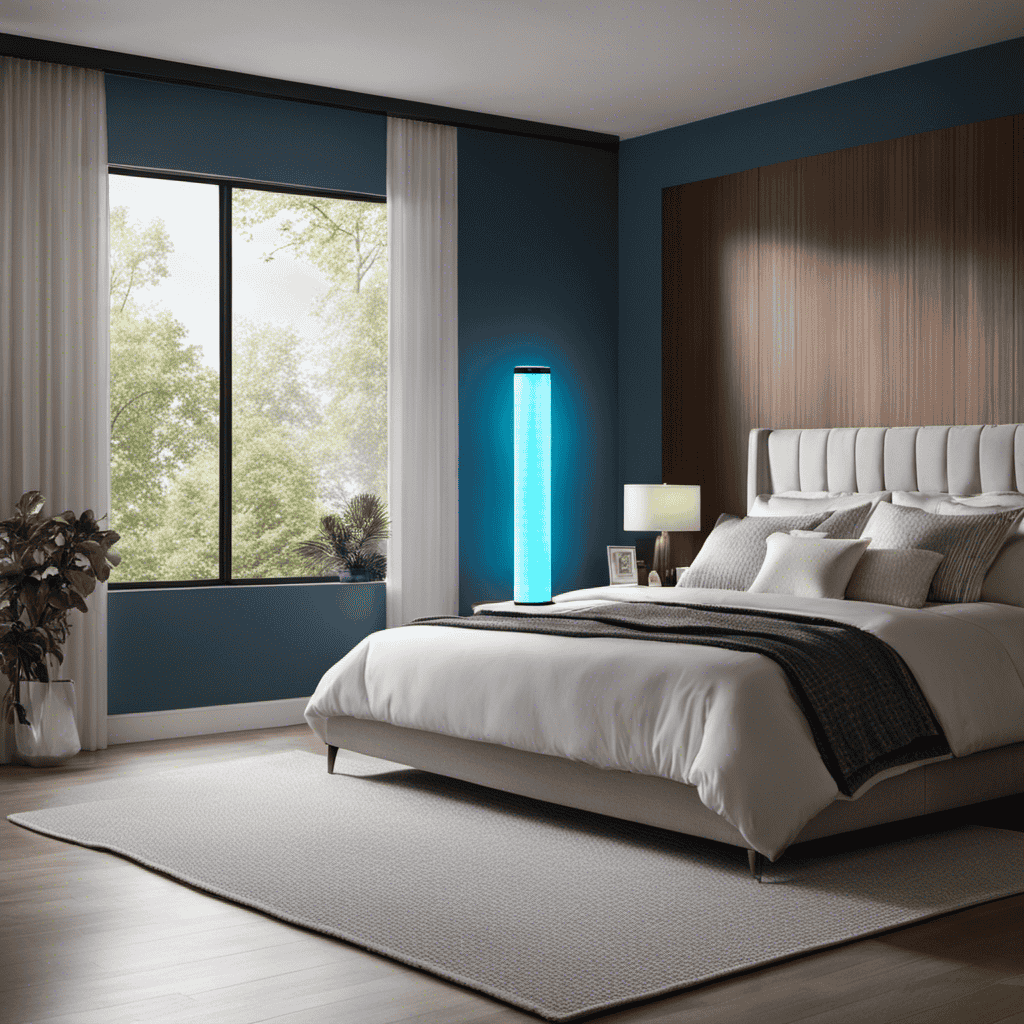 An image showcasing a well-lit room with an ozone air purifier in the corner, emitting a soft, blue glow
