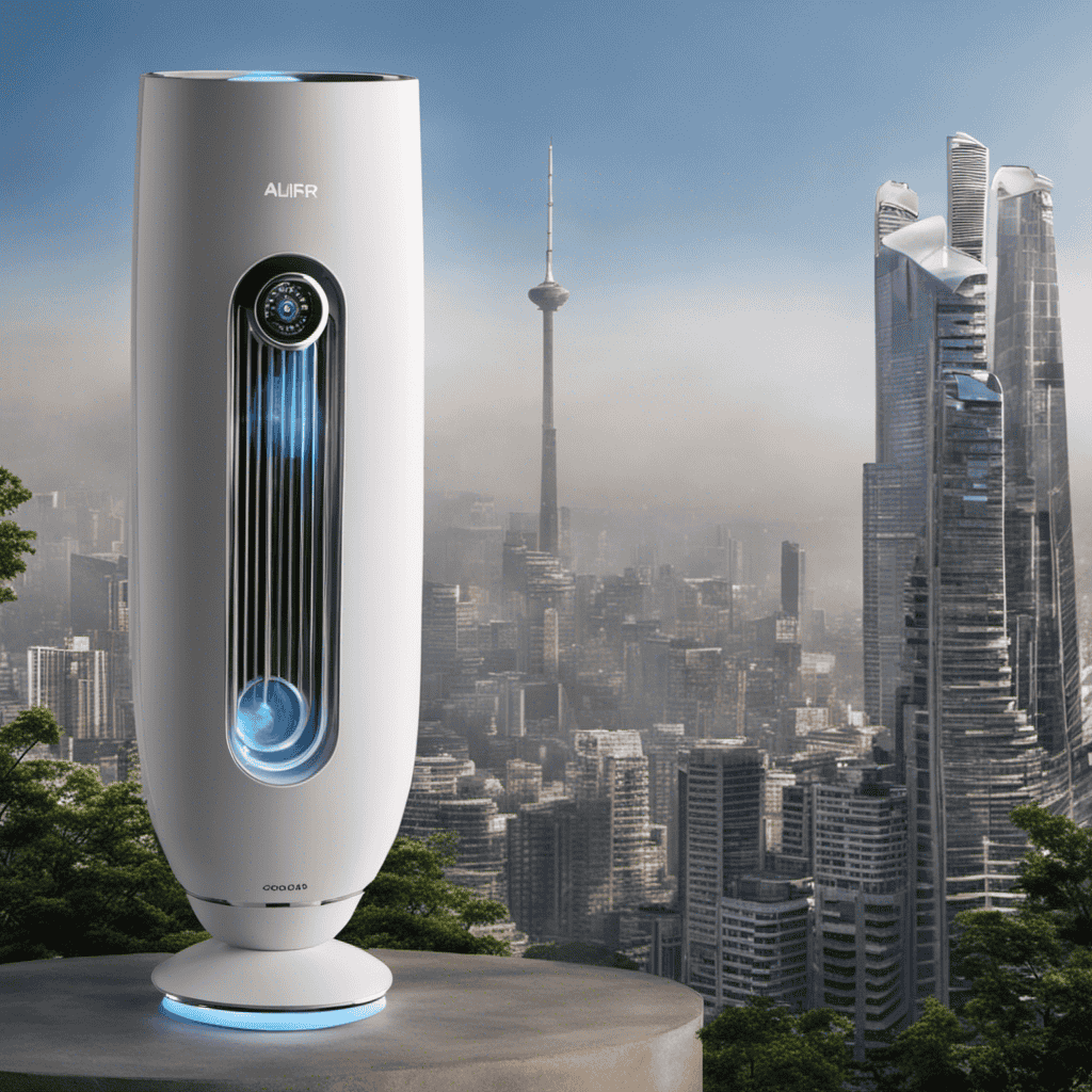 An image showcasing a person wearing a personal air purifier, surrounded by clean, purified air in a polluted cityscape