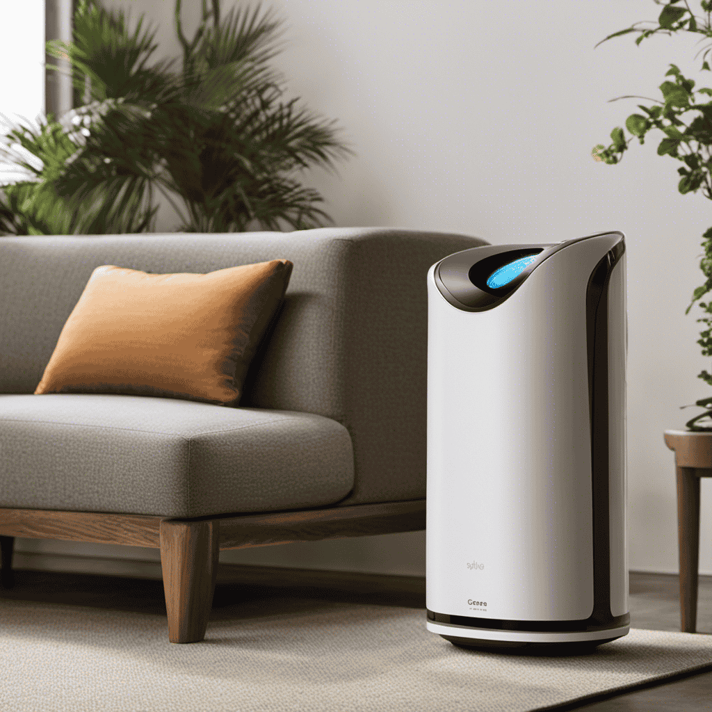 An image showcasing a person in a well-lit room, comfortably breathing clean air, while a compact and sleek portable air purifier quietly operates in the background, purifying the surroundings