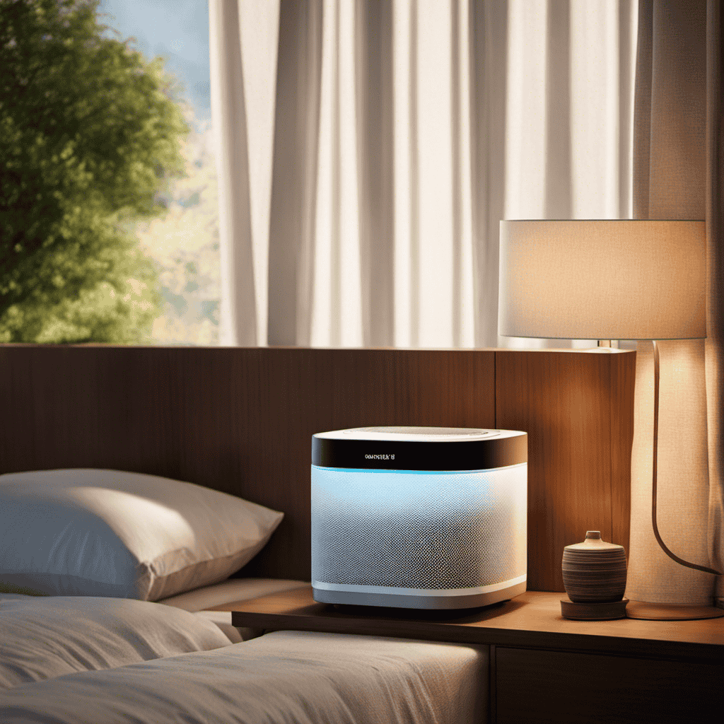 An image showcasing a serene bedroom scene with a Rainmate Air Purifier placed on a nightstand