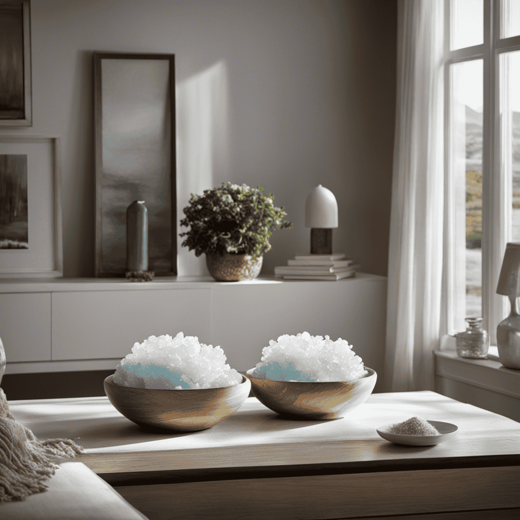 An image showcasing a serene living room with sea salt-filled bowls strategically placed on windowsills, emitting a subtle glow as the natural air purifying properties of sea salt cleanse the space