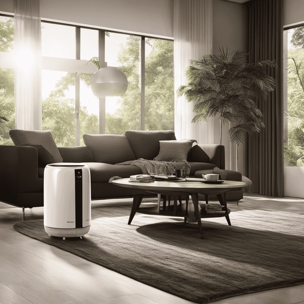 An image showcasing a serene living room with a Shark Air Purifier placed on a side table