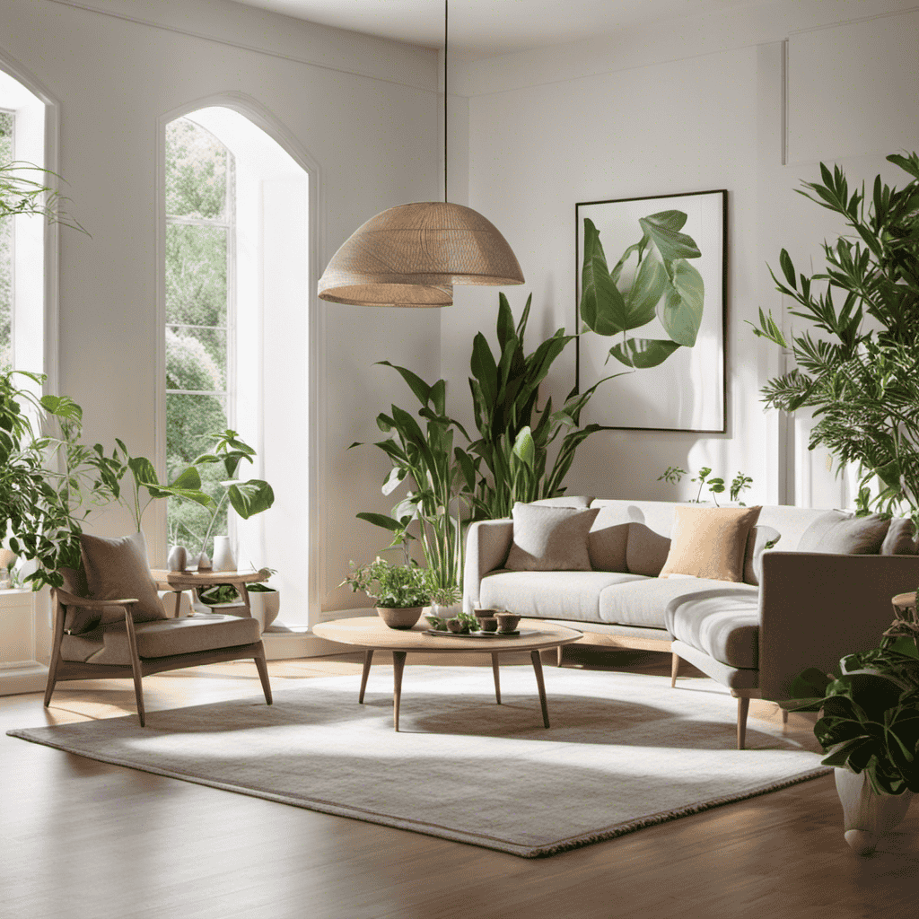 An image showcasing a serene living room, illuminated by soft natural light