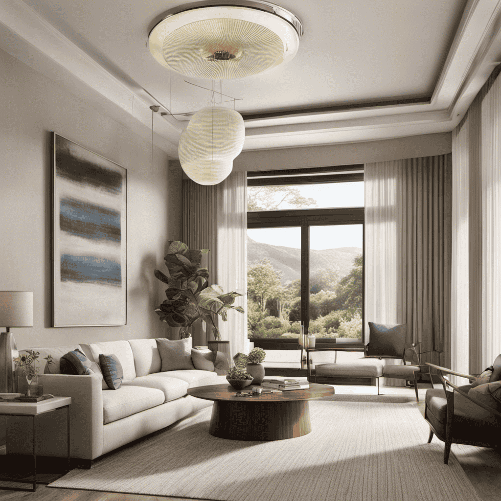 An image showcasing a serene living room, bathed in natural light, with a Crane Air Cleaner and Purifier quietly sitting on a side table