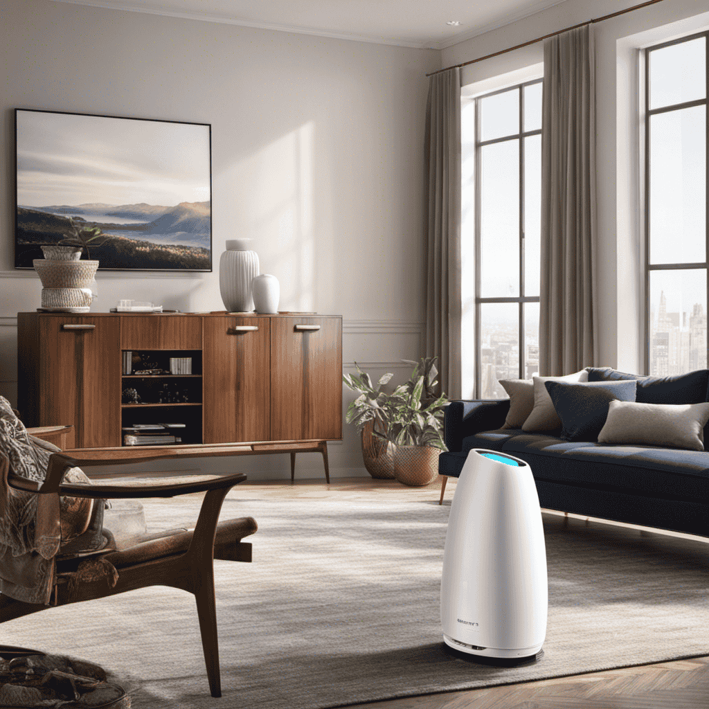 An image that showcases the Filterqueen Majestic as an air purifier by capturing a pristine living room environment, with sunlight streaming through clean windows, while the device quietly operates in the background, purifying the air