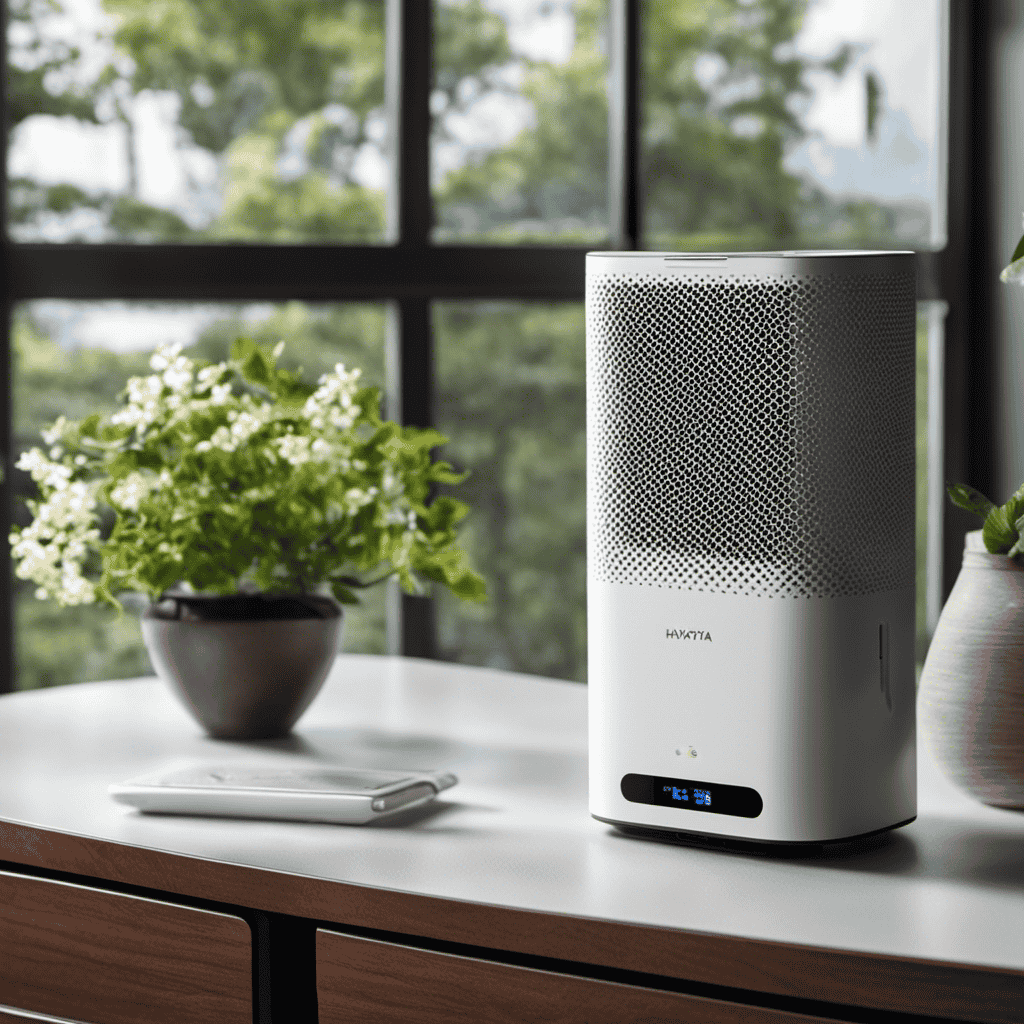 An image showcasing the Hayata Portable Air Purifier in action, with a close-up of the device removing allergens and pollutants from the air