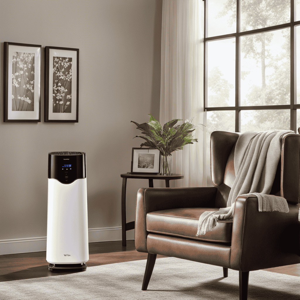 An image showcasing a person effortlessly operating the Winix Plasmawave Air Purifier in a well-lit living room, with visible dust particles being effectively filtered, and the device's sleek design enhancing the ambiance