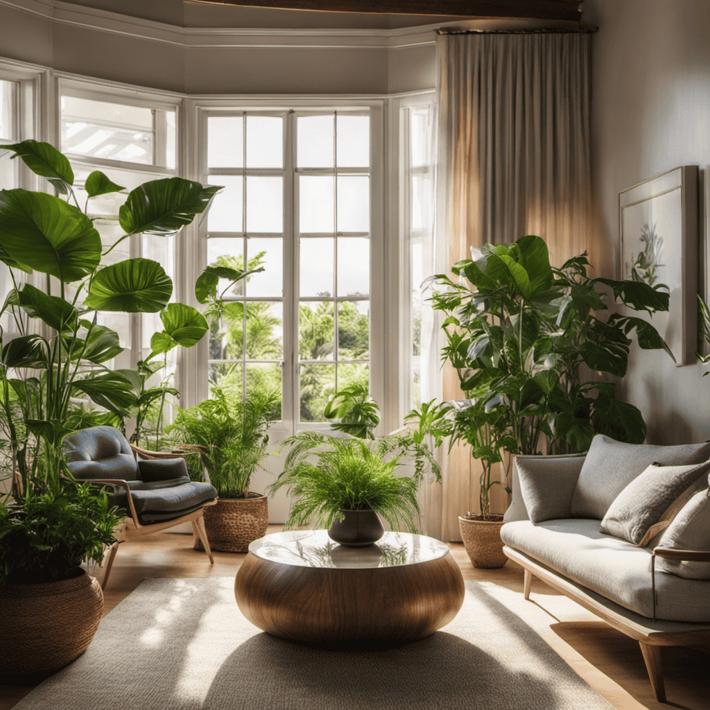 An image showcasing a serene living room with sunlight streaming through open windows